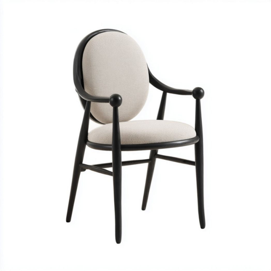 Sedia da pranzo beige con braccioli e struttura in legno nero