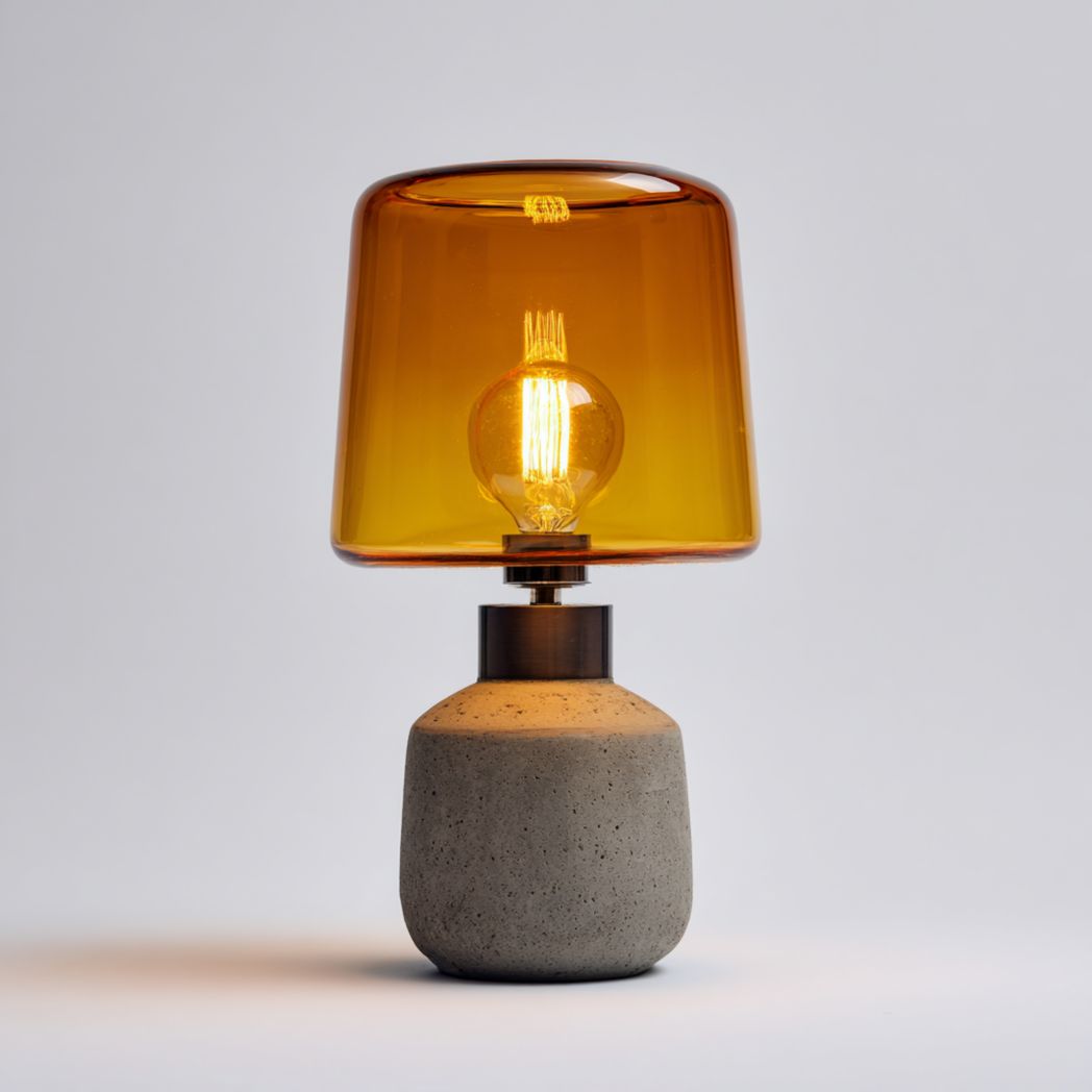 Lampada da tavolo con base in cemento e paralume in vetro ambrato