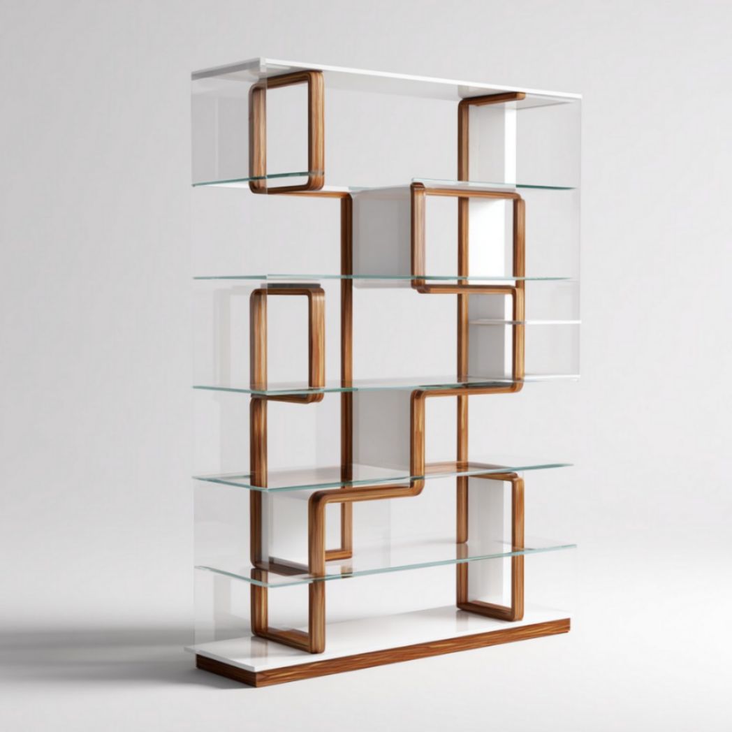 Libreria a Giorno in Vetro Temperato e Legno di Noce con Struttura Geometrica