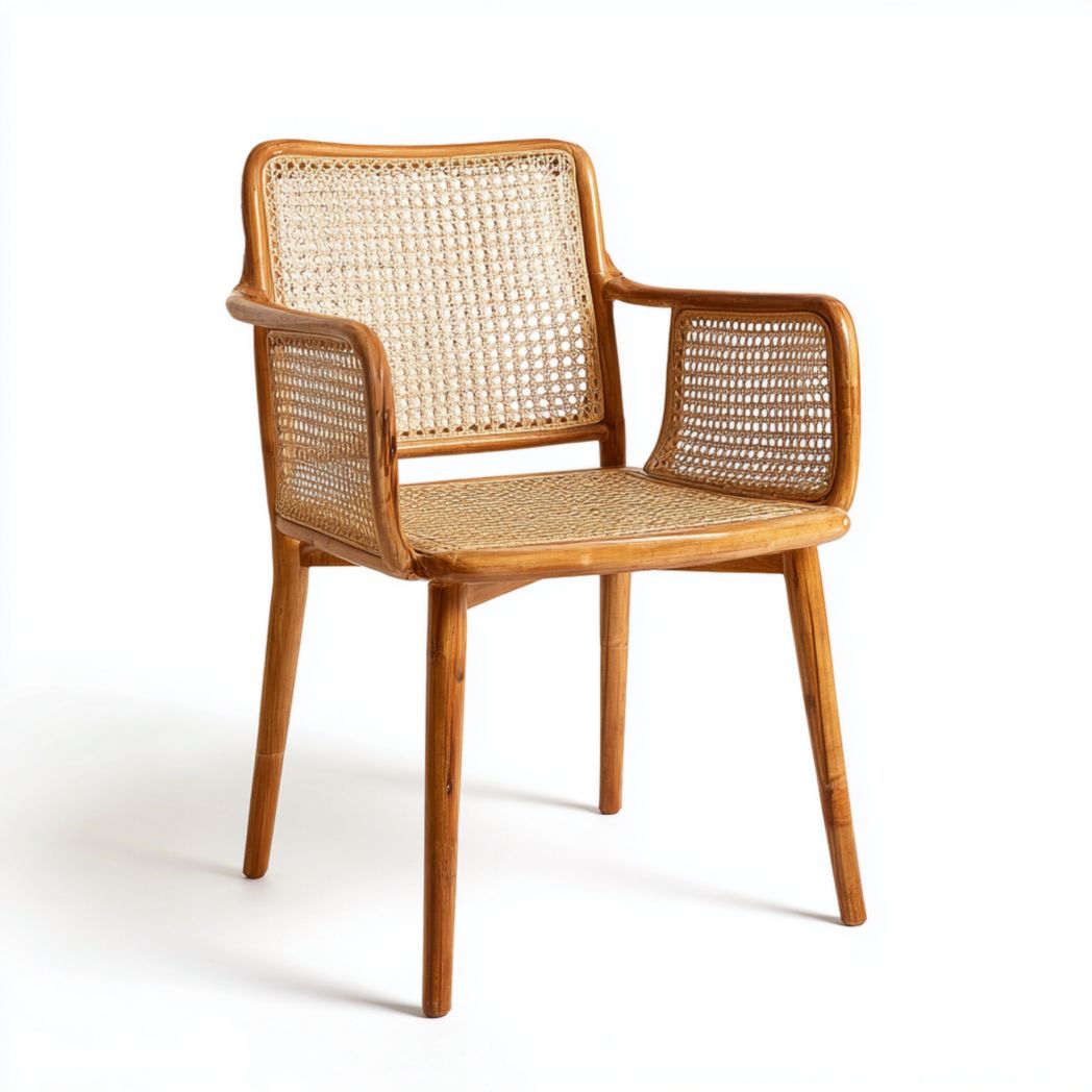 Sedia con braccioli in bambù e rattan intrecciato