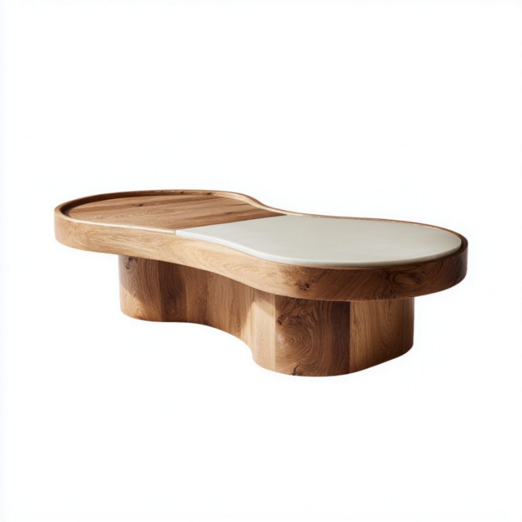 Tavolino da Caffè Organico in Legno di Rovere con Inserto in Ceramica Bianca Opaca