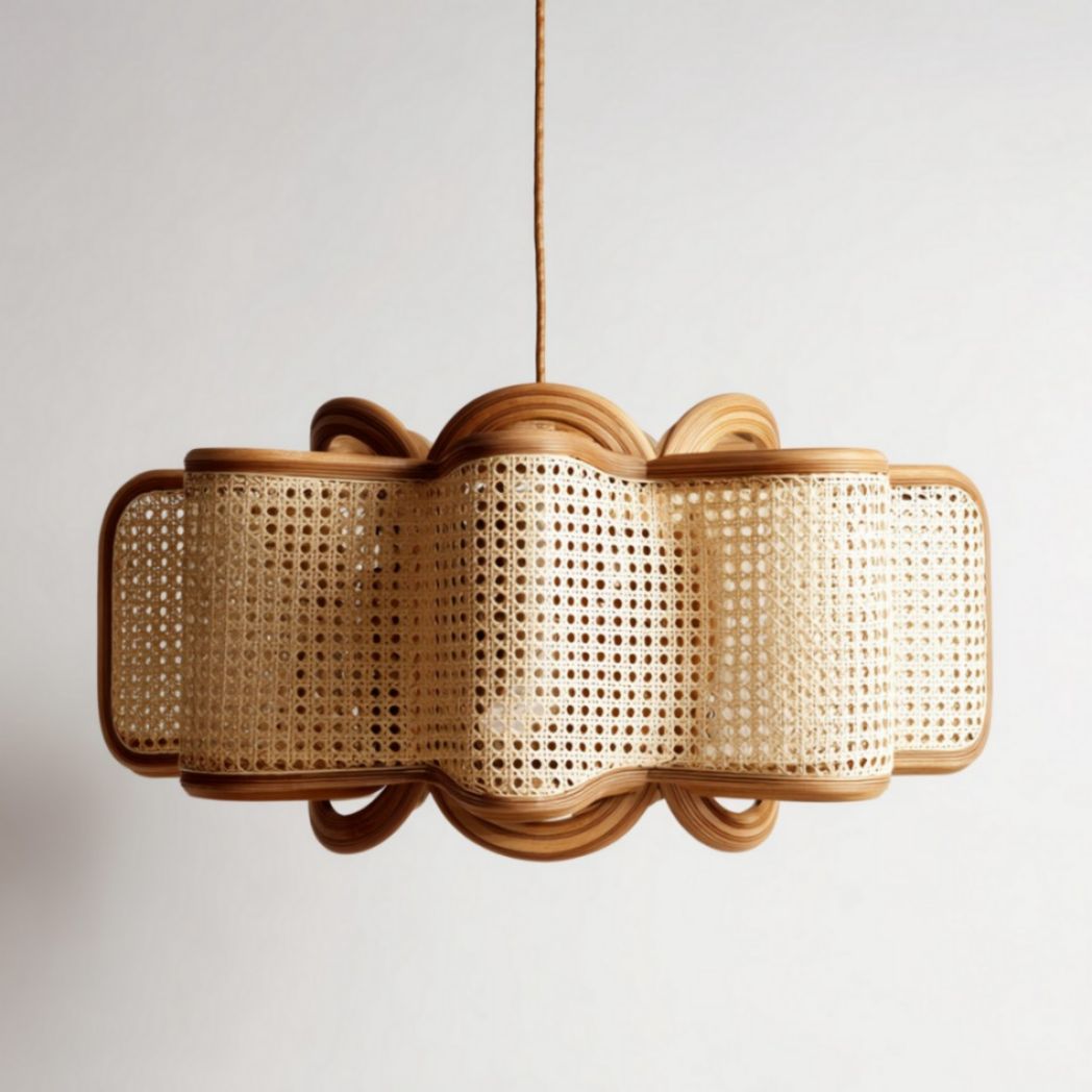 Lampada a sospensione a onde in paglia di Vienna e legno di frassino